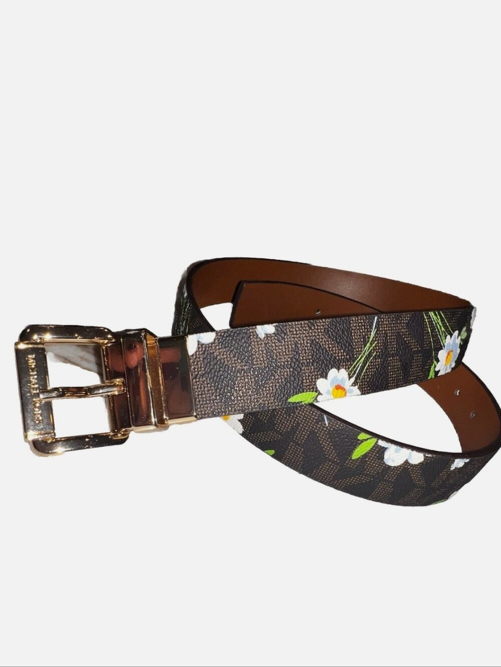 MICHAEL KORS Women's MK logo Twist Reversible Floral Belt / Brown Leather Size M